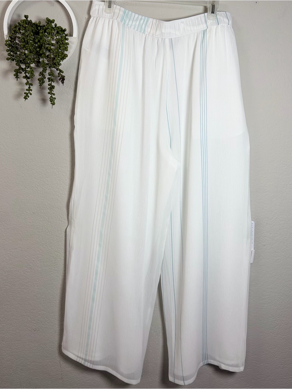 Calvin Klein Women’s White Striped Wide-Leg Pants Drawstring Pockets Size L - Picture 5 of 13